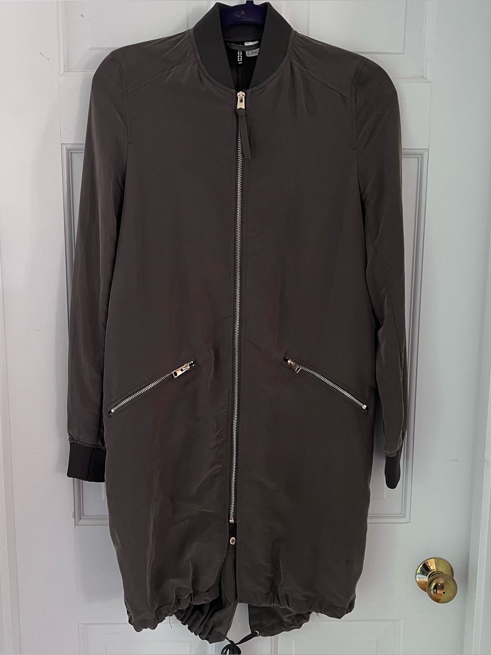 H&M Olive Green Longline Bomber Jacket, Zippered Pockets, Drawstring, Size 4
